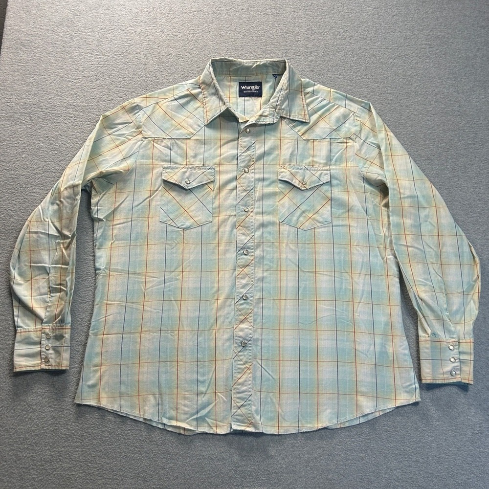 Wrangler Western Cowboy Shirt Mens XL Light Blue Plaid Pearl Snap Long Sleeve